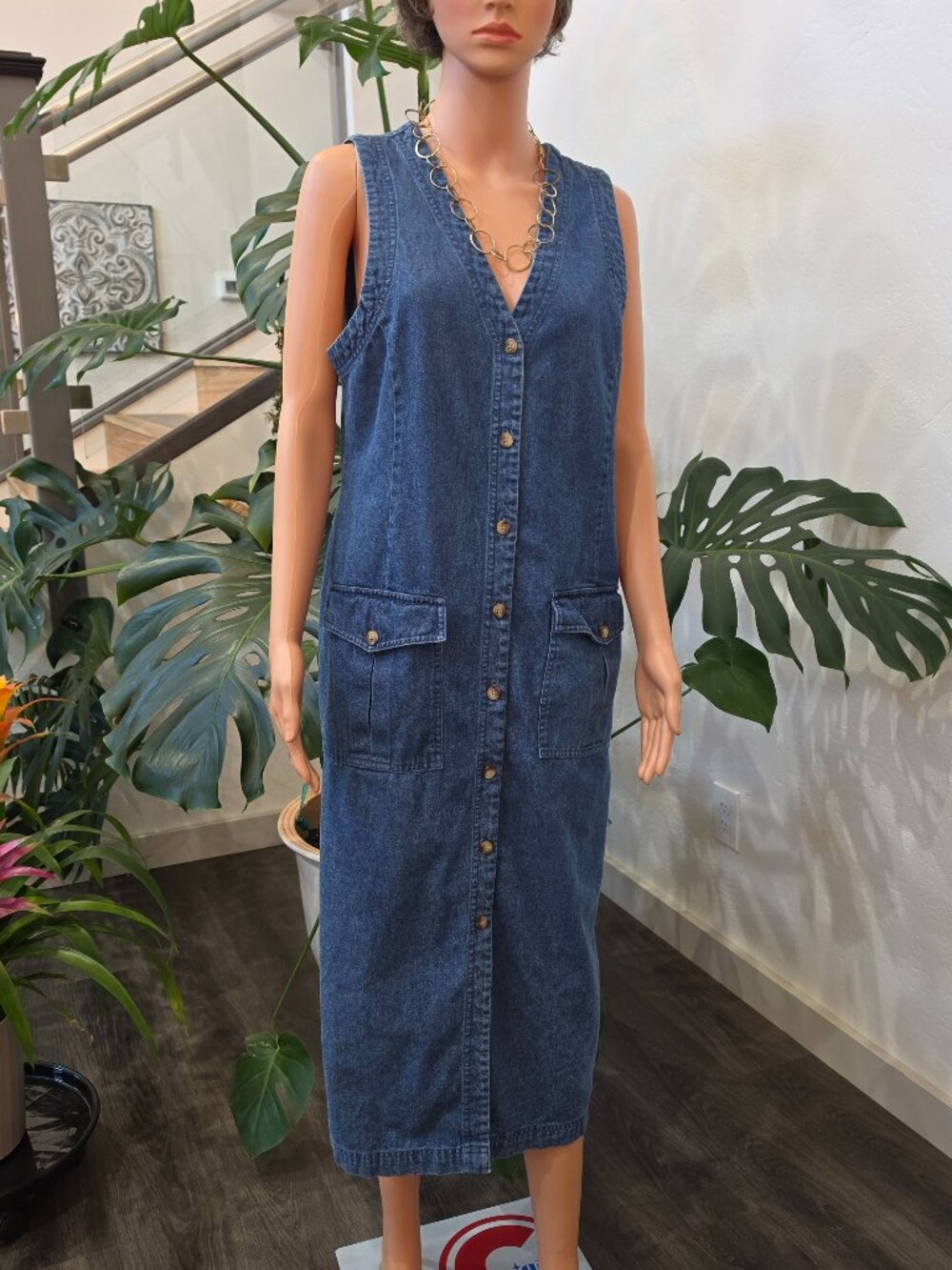 Eddie Bauer Vintage Denim Midi Dress Medium Petite Sleeveless Button Front MP